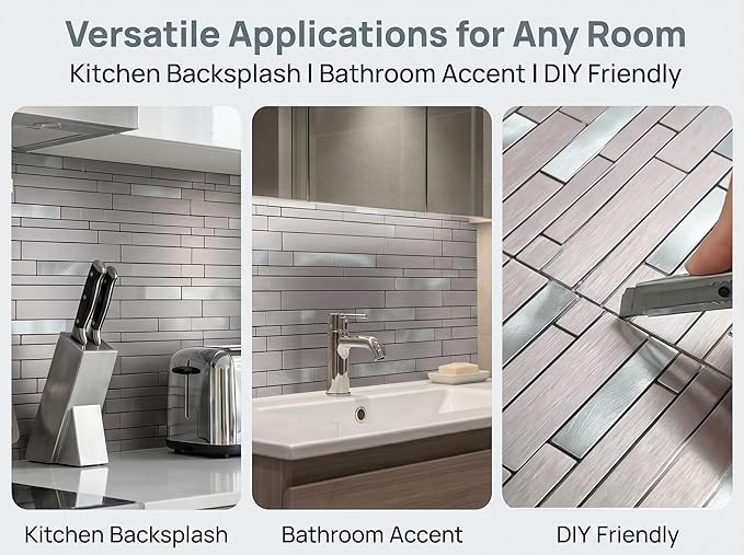 WEIMEISC 10 Sheets Peel and Stick Backsplash Tile for Kitchen, Self-Adhesive Mosaic Tile, Stick on Bathroom Vanities，Fireplace Décor, Laundry Table (Brushed Pink+Frosted Silver)