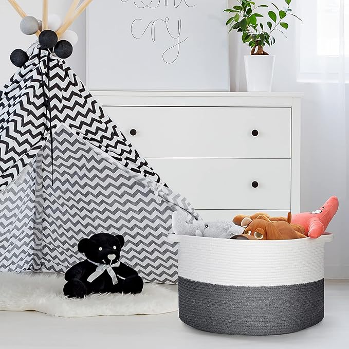 Ravinte Blanket Basket - 20"x 20"x 13" Cotton Rope Basket for Living Room, Baby Toy Storage Basket, Large Woven Laundry Basket (White-DarkGray)