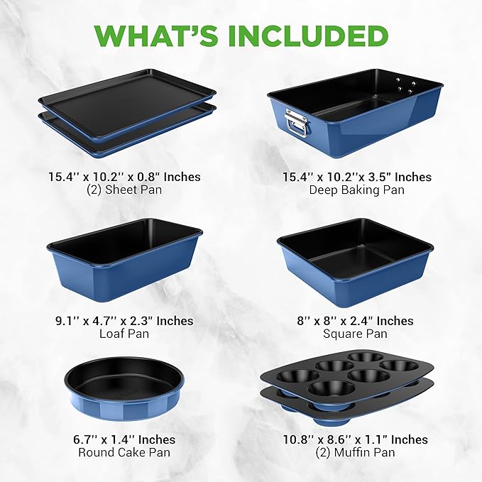 NutriChef 8-Piece Nonstick Stackable Bakeware Set - PFOA, PFOS, PTFE Free Baking Tray Set w/Non-Stick Coating, 450°F Oven Safe, Round Cake, Loaf, Muffin, Wide/Square Pans, Cookie Sheet (Blue)