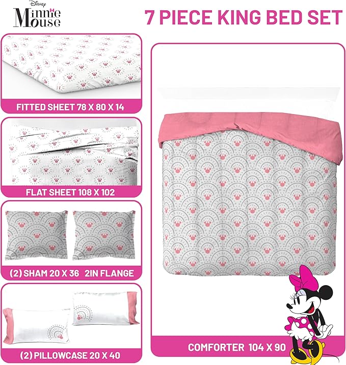 Jay Franco Disney Minnie Mouse King Comforter Set - 7 Piece Bedding Includes Sheet Set & Pillow Covers - Super Soft Cozy Pink Mandala Bedding