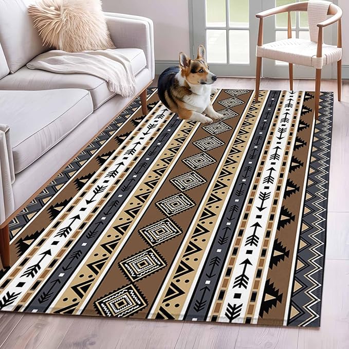 Area Rug 4x6ft, Boho Tribal Stripes Washable Rugs for Living Room Bedroom, Ethnic Borders Arrow Motifs Soft Non-Slip Area Rugs Rectangle Floor Carpet for Dining Room