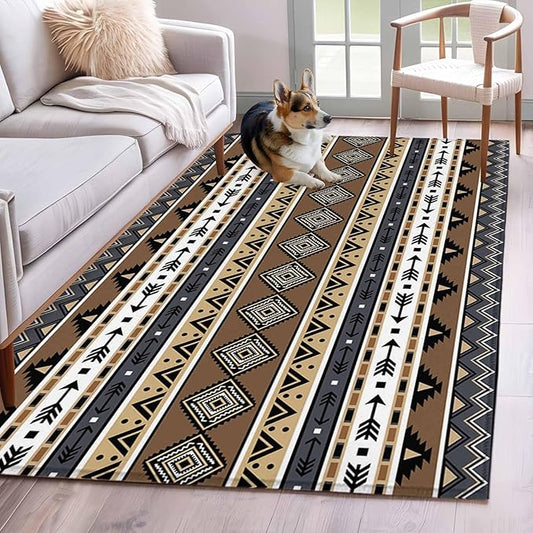 Area Rug 4x6ft, Boho Tribal Stripes Washable Rugs for Living Room Bedroom, Ethnic Borders Arrow Motifs Soft Non-Slip Area Rugs Rectangle Floor Carpet for Dining Room