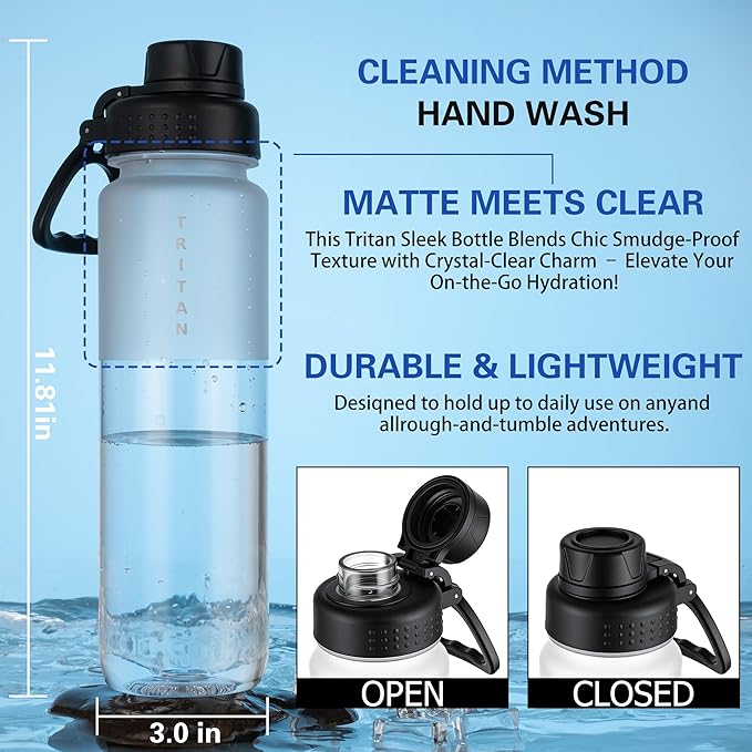 OLDLEY 32oz Frosted Clear Water Bottle, BPA-Free Tritan Plastic Reusable Water Bottle with Fast-Flow Spout Lid, Wide Mouth Leakproof Sports Drinking Bottle for Gym, School, Office, Travel,Clear