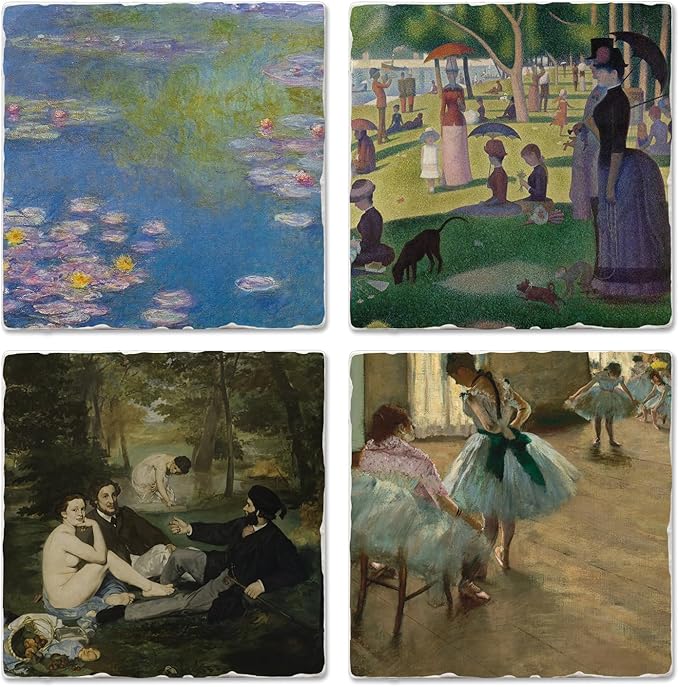 Thirstystone French Impressionists 4 Pack Assorted Tumbled Tile Stone Coasters with Protective Cork Backing Manufactured in The USA Absorbent Easily Wipes Clean