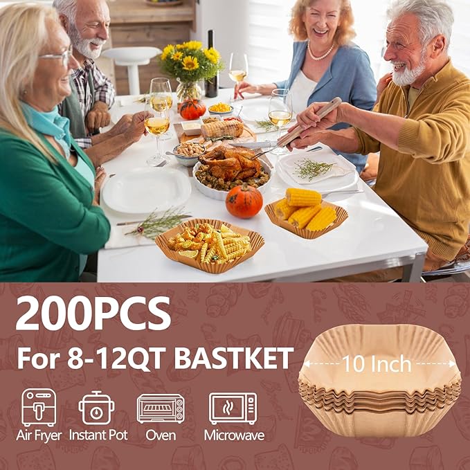 UBeesize XL 10 Inch Air Fryer Paper Liners, 200 PCS Parchment Paper, Air Fryer Disposable Paper Liner for Microwave, Non-Stick Air Fryer Liners Square Free of Bleach （Bottom size 9 Inch）