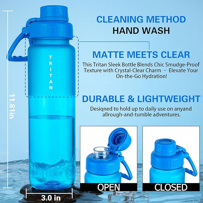 OLDLEY 32oz Frosted Clear Water Bottle, BPA-Free Tritan Plastic Reusable Water Bottle with Fast-Flow Spout Lid, Wide Mouth Leakproof Sports Drinking Bottle for Gym, School,Travel,Cornflower Blue