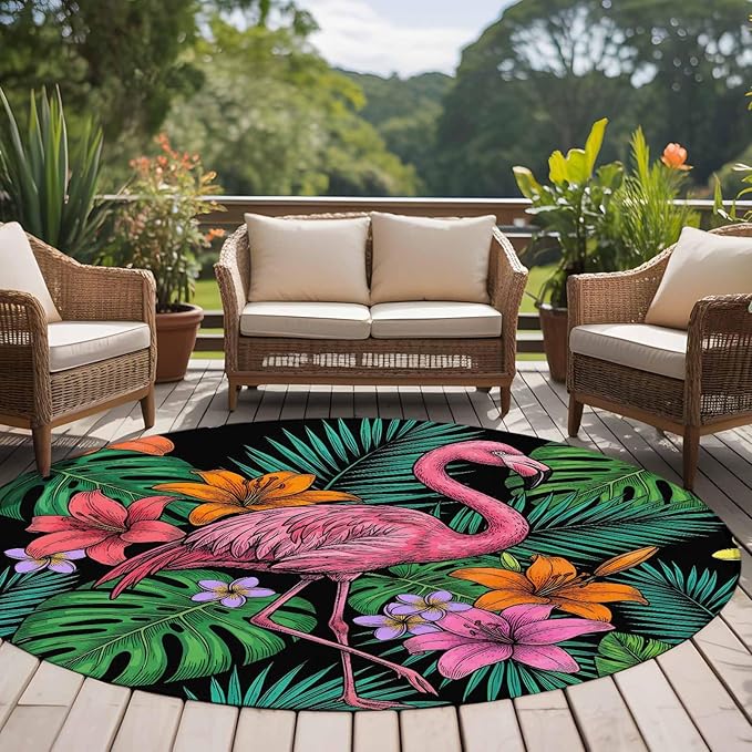 Washable Round Area Rug Pink Flamingos Tropical Leaf Circle Rugs Floor Carpet for Living Room Bedroom, Colorful Lily Blossom Floral Soft Non Slip Round Rug 5ft