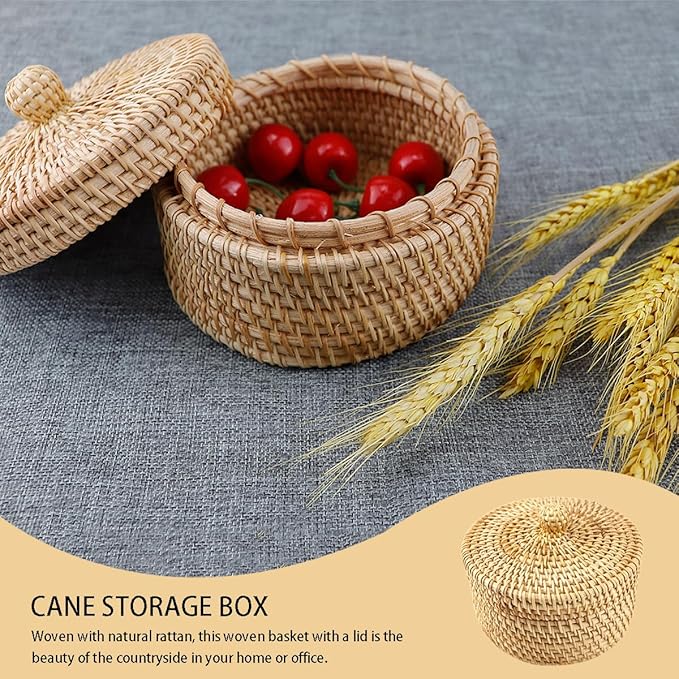 DOERDO Round Rattan Storage Basket with Lid, Hand Woven Rattan Storage Box for Jewelry Fruit Snacks Basket, 5.5x3.9 Inch