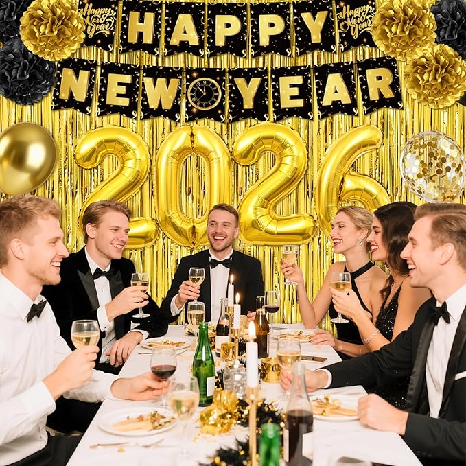 New Year Decorations 2026, Black Gold New Years Eve Party Supplies 2026 with Happy New Year Banner Cone Hat Paper Glasses Fringe Curtains 32inch 2026 Balloons for Happy New Years 2026 Decorations