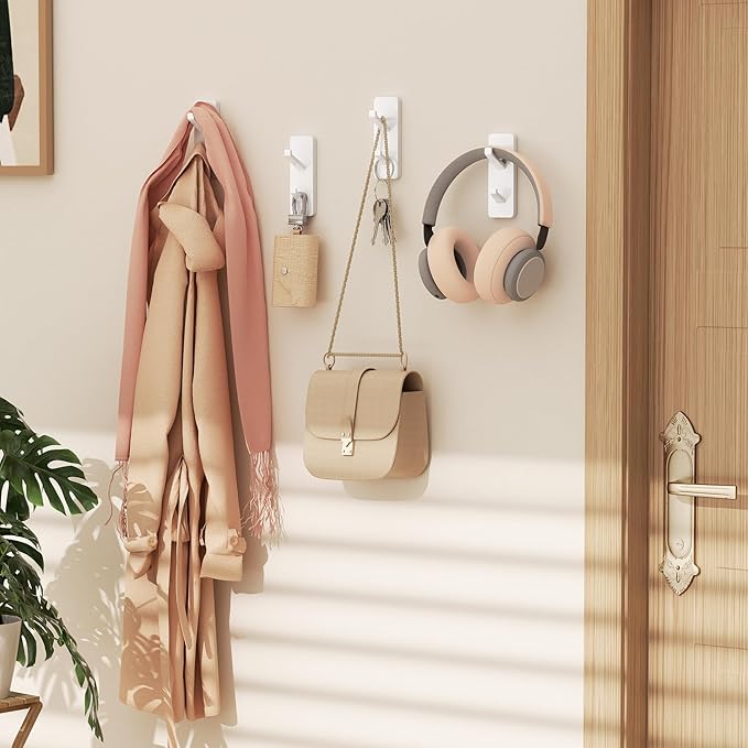 Self Adhesive Wall Hooks for Hanging: 13 LB Strong Hold, Sticky Hangers for Coat, Towels, Purse, Keys, Jacket, Bag - for Wall, Door, Bathroom, Shower, Kitchen - Stainless Metal, White, 4 Pack