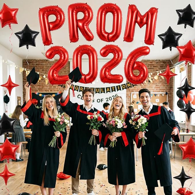 Prom 2026 Balloons Banner, 16 inch Red Letter Balloons Prom 2026 Sign Decoration with Black Red Star Balloon for Class of 2026 Congrats Grad Party Birthday Retirement Graduation Party Supplies