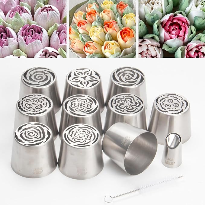 Extra Large Russian Piping Tip Set - 10 Stainless Steel Marshmallow Buttercream Framing Nozzles for Roses Tulip Cake Decorations and Bouquets, Includes 1 Leaf Nozzles and 1 Cleaning Brush(10A)