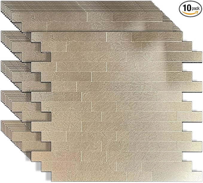 weimeisc 10 Sheets Peel and Stick Backsplash Tile for Kitchen, Self-Adhesive Mosaic Tile, Stick on Bathroom Vanities，Fireplace Décor, Laundry Table (Metal Champagne Wooden Texture)