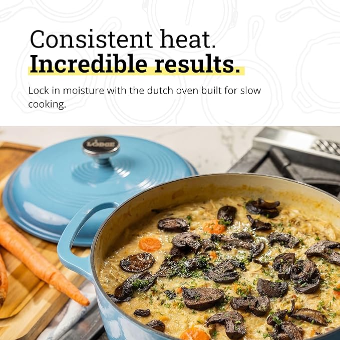 Lodge Essential Enamel Cast Iron Dutch Oven - Perfect for Bread Baking, Braising, Marinating & Slow Cooking - Features Moisture-Sealing Lid & Dual Handles - Kitchen Essentials - 6 Quarts - Cornflower Blue