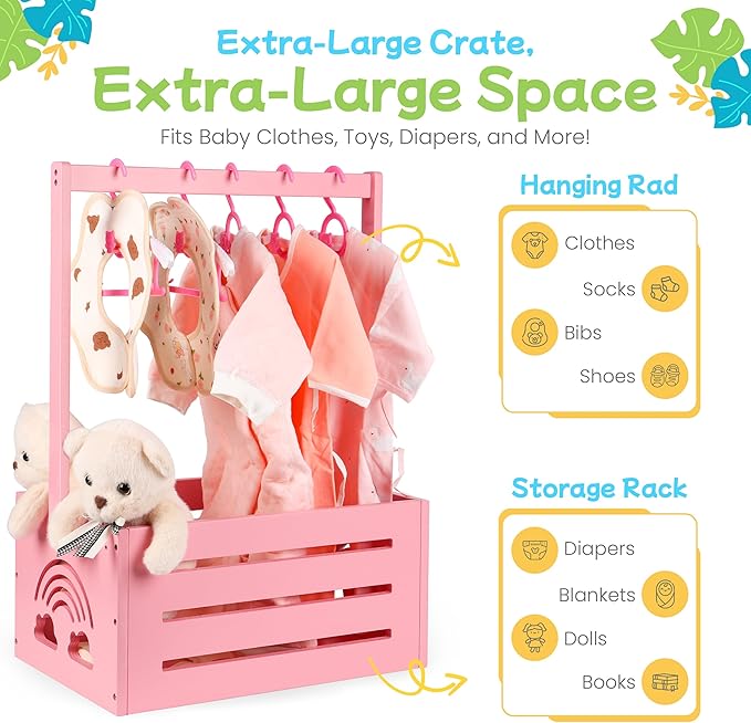 Wooden Baby Shower Crate Closet – with Handle, Smooth Surface & Round Edges – Textured Natural Wood - New Born Welcome Gift Hamper for Boys & Girls - Pregnancy Gifts for New Parents (Baby Pink)