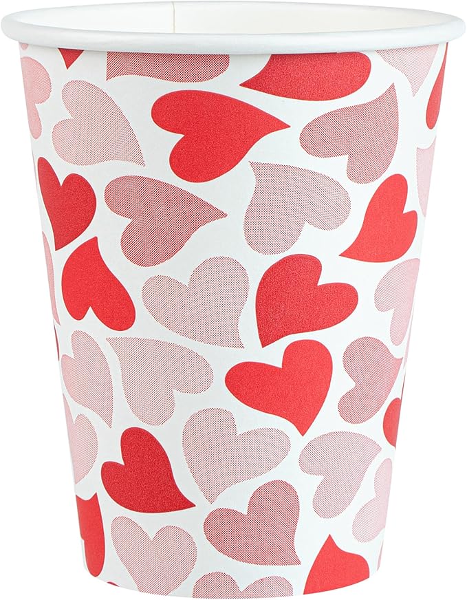 Restaurantware-Restpresso 12 Ounce Disposable Coffee Cups, 20 Valentine’s Day Cups With Plastic Lids - Red And Pink Heart Print, Rolled Rim, Paper To Go Cups, Single Wall, Serve Hot And Cold Drinks