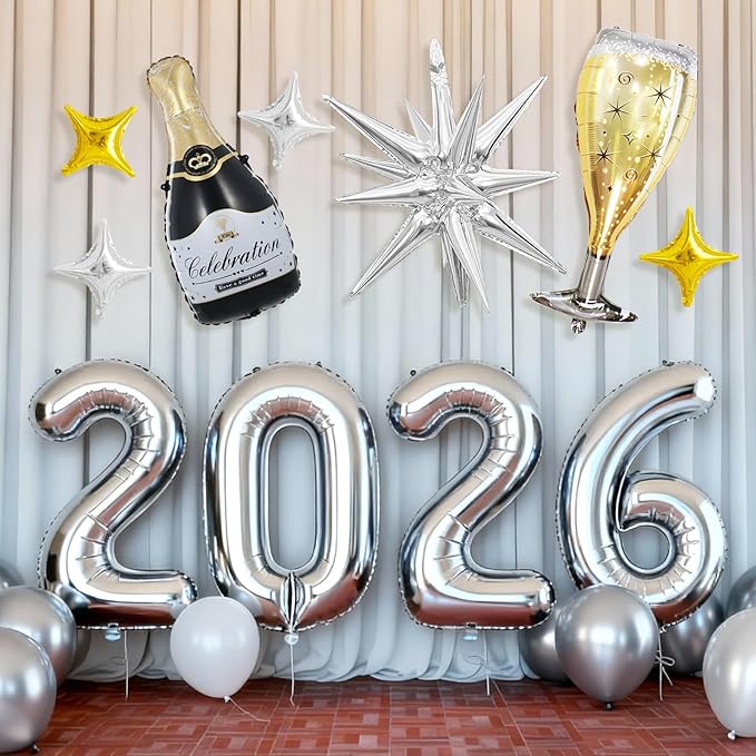 Silver 2026 Balloons, 40 Inch Number 2026 Silver Foil Balloons, Gold Silver Star Balloon Champagne Bottle Glass Balloon for Happy New Years Eve Party Supplies 2026 Class of 2026 Graduation Decorations