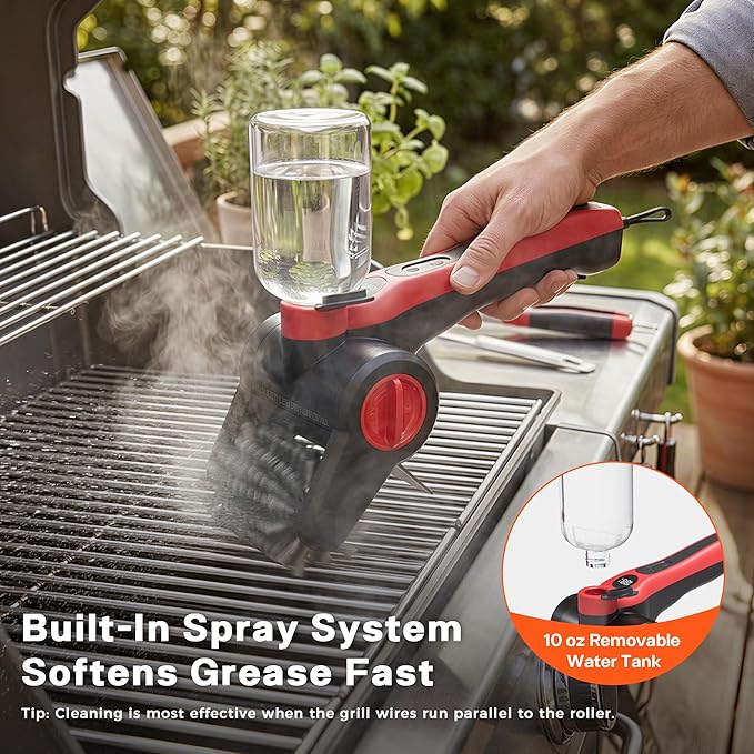 Electric Grill Brush, 100W High Power Cordless BBQ Cleaner with 300ml Water Spray Tank, IPX8 Waterproof Automatic Scrubber for Gas Charcoal Grills, 2-Speed Rechargeable Power Brush with Scraper