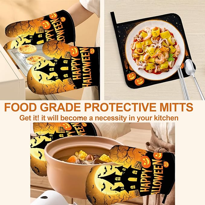 Happy Halloween Oven Mitts with Matching Potholders - Heat Resistant Kitchen Accessories for Baking, Grilling, Cooking, Gifts for Women
