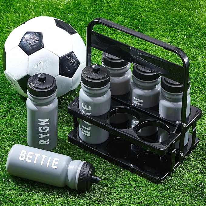 Suclain Water Bottle Carrier with 20 Oz Bottles and Stickers Plastic Wide Mouth Sports Water Bottle Squeeze Team Bottles with Black Lid for Fitness Bike Gym(7 Pcs,Grey)