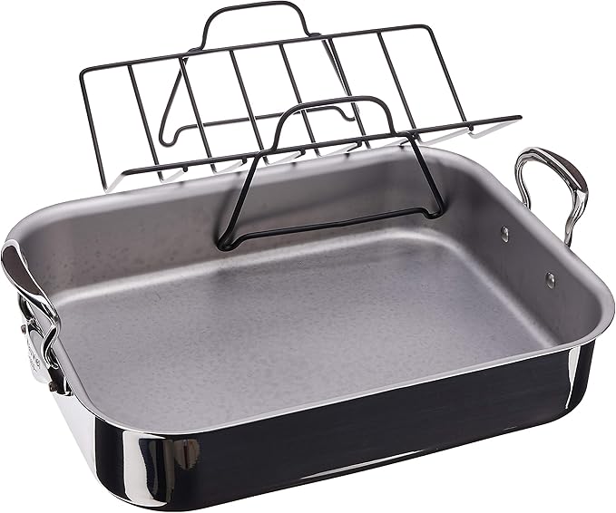 Mauviel M'Cook 5-Ply Polished Stainless Steel Roasting Pan With Rack, And Cast Stainless Steel Handles, 15.7 x 11.8-in, Made In France