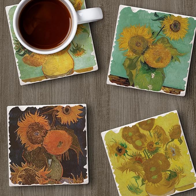 Thirstystone Van Gogh Sunflowers 4 Pack Assorted Tumbled Tile Stone Coasters with Protective Cork Backing Manufactured in The USA Absorbent Easily Wipes Clean