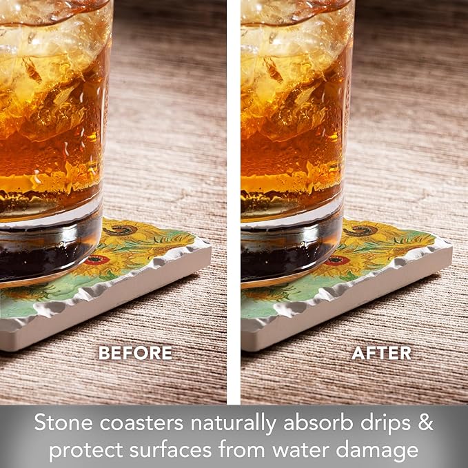 Thirstystone Van Gogh Sunflowers 4 Pack Assorted Tumbled Tile Stone Coasters with Protective Cork Backing Manufactured in The USA Absorbent Easily Wipes Clean