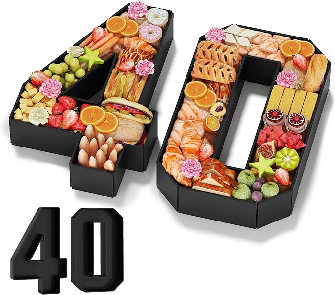 40 Cardboard Numbers for Charcuterie Numbers Fillable 13.8'' Black Paper Mache Number Shaped Cupcake Pans Board Box Trays Container for Food Candy 40th Birthday Party Decorations Anniversary