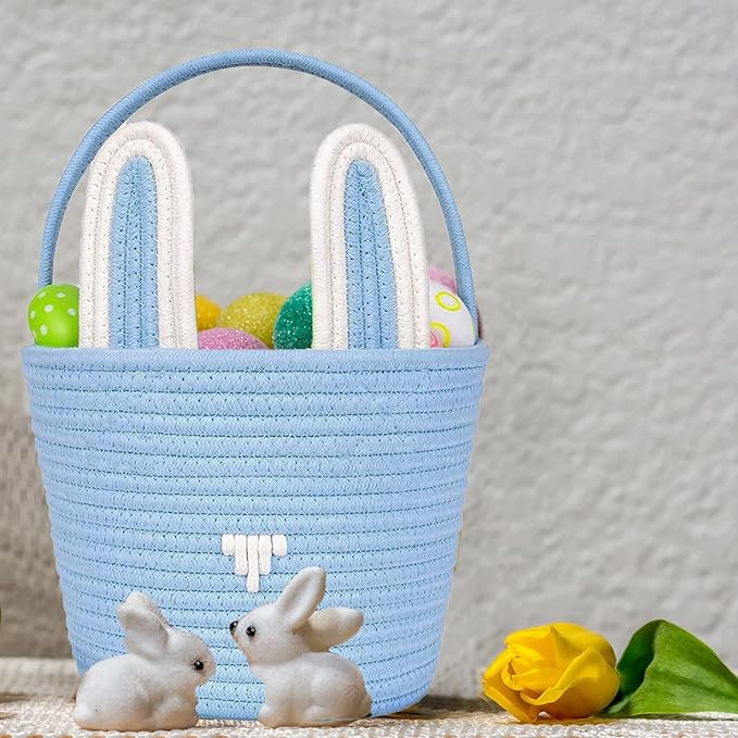 Poschnor Large Easter Basket with Gift Bags and Ribbons, Easter Bunny Basket for Kids, Woven Cotton Rope Basket for gifting, Blue