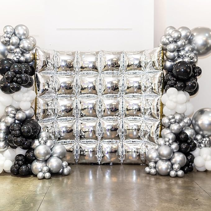 Gold Silver Square Foil Balloon Wall,25Pcs Double Sided Balloons Backdrop Helium Polyester Film Balloon Tunnel Arch Garland Kit for Birthday Bridal Anniversary Baby Shower Party Decorations