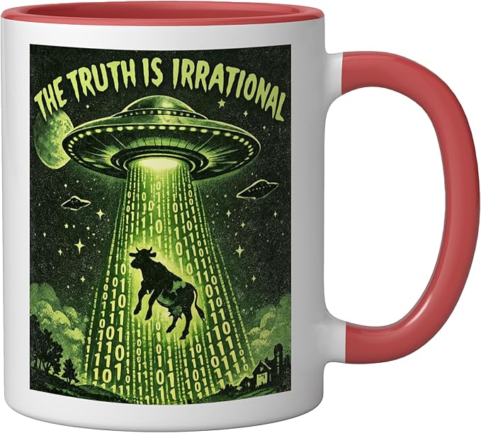 UFO The Truth Is Irrational Cow Abduction 3.14 Math Pi Day Ceramic Mug, Red/White