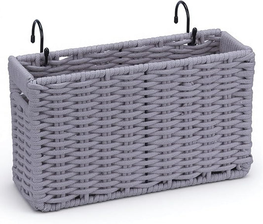 Cotton Rope Woven Bedside Caddy for Dorm Bed, Foldable Bedside Shelf Bunk Bed Accessories, College Dorm Room Essentials Hanging Organizers Storage Basket, Room Decor Magazine File Holder (Gray)