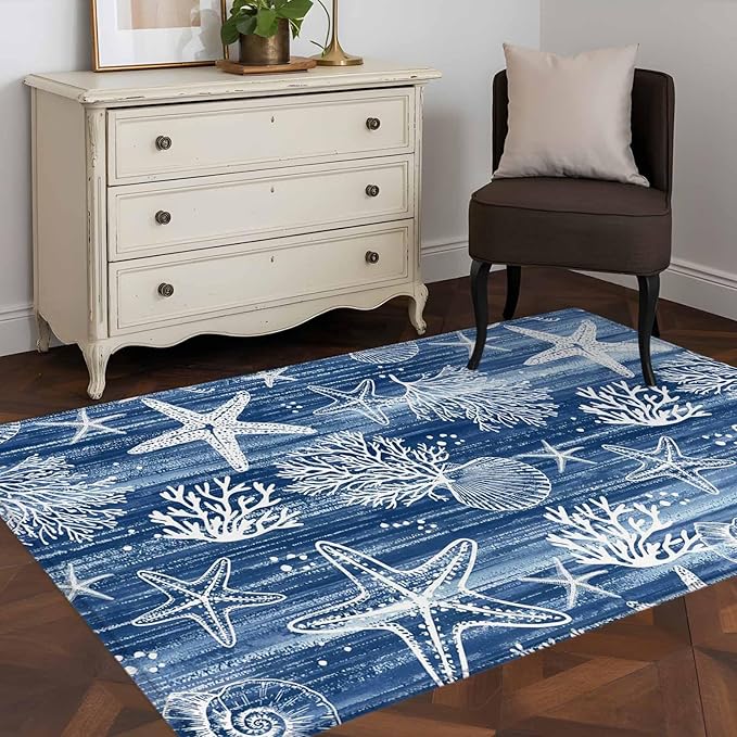 Navy Blue Coastal 2.7x5 Area Rugs, Ocean Coral Starfish Non-Skid Rubber Backing Large Rectangle Rugs - Living Room Bedroom Home Office, Summer Beach Indoor Floor Mat Carpets Washable Rug