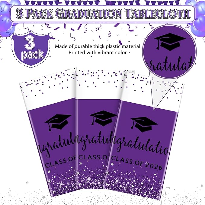 3 Pack Class of 2026 Graduation Tablecloths,Foil Dot Plastic Disposable Rectangle Table Covers for 2026 High School University College Graduation Party Decorations,108*54 Inch (Purple and Black)
