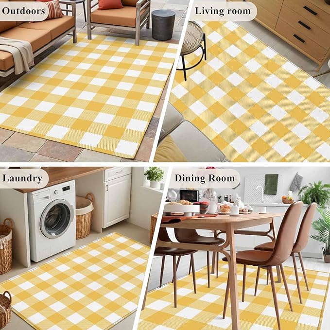 Area Rug 4x6ft, Rustic Country Yellow and White Buffalo Lattice Checked Washable Rugs for Living Room Bedroom, Farm Style Soft Non-Slip Area Rugs Rectangle Floor Carpet for Dining Room