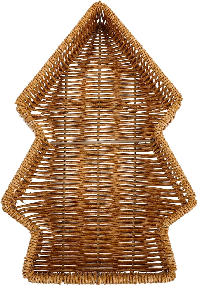 Christmas Tree Shaped Bread Basket Handwoven Farmhouse Style Countertop Organizing Bin Holiday Food and Snack Serving Platter for Kitchen Family Dinner
