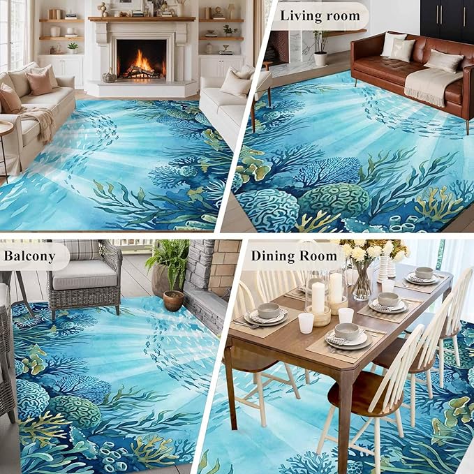 Area Rug 6x9ft, Underwater World Coral Seaweed Washable Rugs for Living Room Bedroom, Seafloor Ocean Life Fish Soft Non-Slip Area Rugs Rectangle Floor Carpet for Dining Room