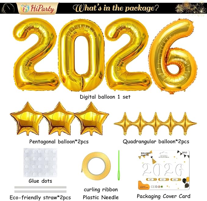 Upgraded, 42in Large 2026 Balloons Numbers, with 8pcs Star Balloon and Accessories, 3D Premium Aluminum Foil, Graduation Balloons for Graduation Decorations 2026, Grad Party Decorations, Gold