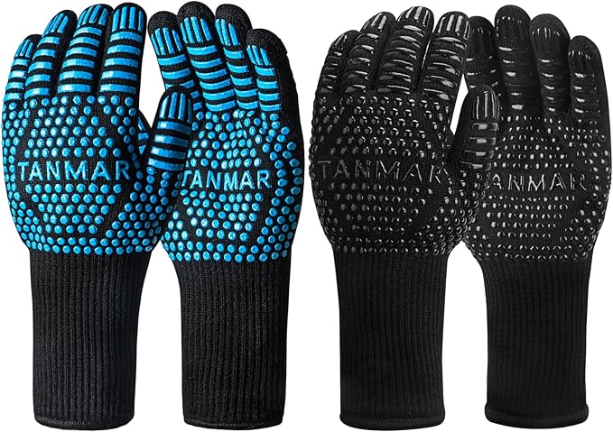 BBQ Grill Gloves, 1472°F Extreme Heat Resistant Grilling Gloves Non-Slip Oven Mitts Potholder, Perfect for Barbecue, Cooking, Baking, 2Pairs (Blue+Black)(13" Length)