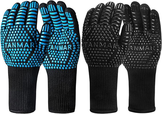 BBQ Grill Gloves, 1472°F Extreme Heat Resistant Grilling Gloves Non-Slip Oven Mitts Potholder, Perfect for Barbecue, Cooking, Baking, 2Pairs (Blue+Black)(13" Length)