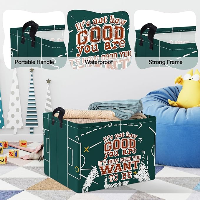 Clastyle Vintage Sport Ball Kid Storage Basket Baby Laundry Hamper Boy Gift Toy Box Collapsible Clothes Organizer Nursery Bin for Bedroom, Green Football, 40*30*30 cm