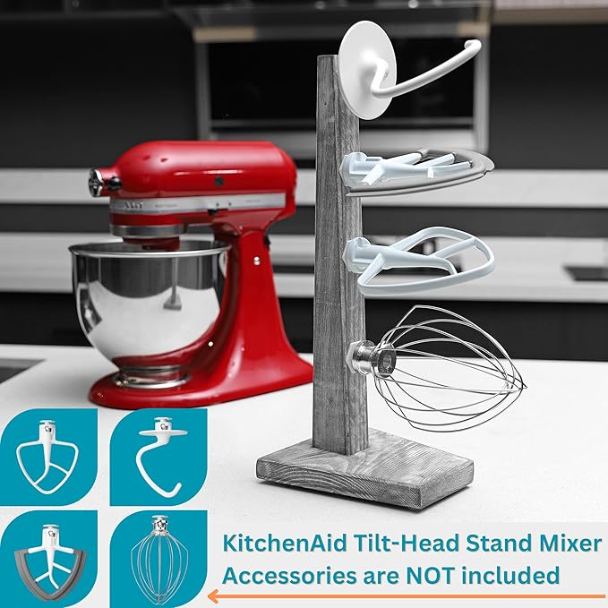 Besuerte Stand Mixer Attachment Holder, Wooden Counter Stand Holder with 4-pack Plastic Hangers Kitchen Accessories Storage Organizer Compatible with Kitchenaid Mixer Attachments for Space-saving