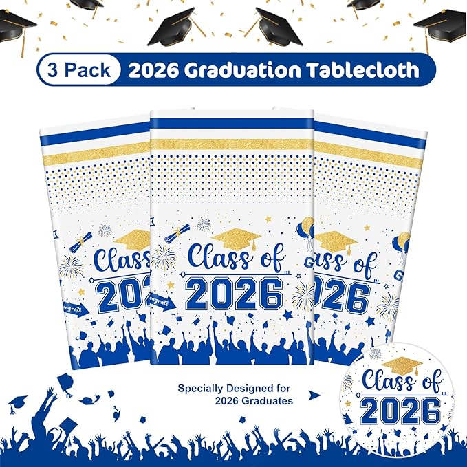 Graduation Decorations Class of 2026 Tablecloth - 3 Pcs Plastic Congrats Grad Table Cloth, Graduation Table Cover for Graduations Party Decorations 2026 and Party Supplies, 54"x108" (Blue and Gold)