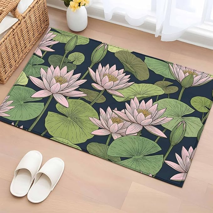 Area Rug 2x3ft, Pink Lotus Water Lily Dark Green Leaves Washable Rugs for Living Room Bedroom, Oriental Style Soft Non-Slip Area Rugs Rectangle Floor Carpet for Dining Room
