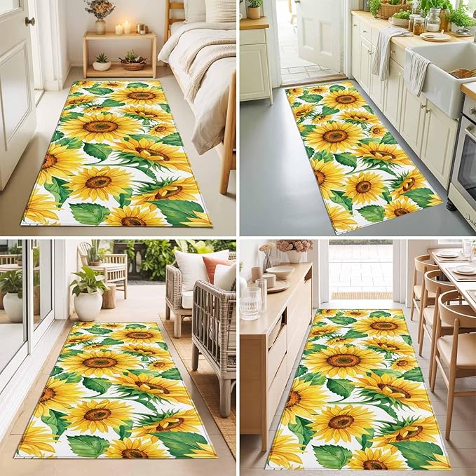 Runner Rug for Bedroom Hallway, Summer Garden Sunflower Leaves Kitchen Runner Rugs Area Rug 2x6ft, Farm Blossom Floral Washable Soft Floor Carpet for Entryway Stair