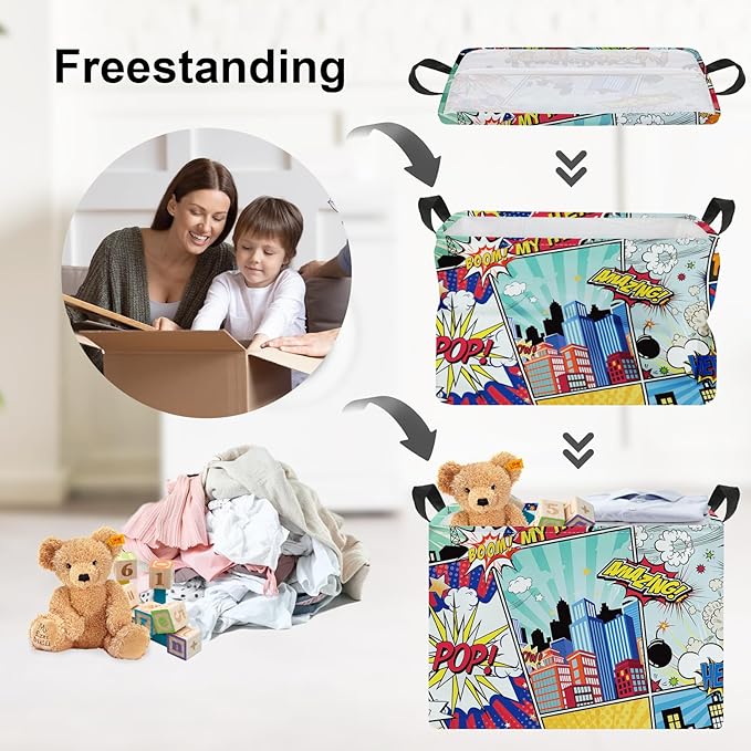 Clastyle 36L Rectangle Blue Comics Hero Kid Storage Basket Collapsible City Building Clothes Toy Nursery Bin Book Shelf Basket