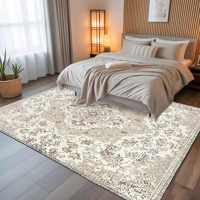 Beige Boho 5x7 Area Rugs, Vintage Ethnic Floral Non-Skid Rubber Backing Large Rectangle Rugs - Living Room Bedroom Home Office, Abstract Art Geometric Indoor Floor Mat Carpets Washable Rug