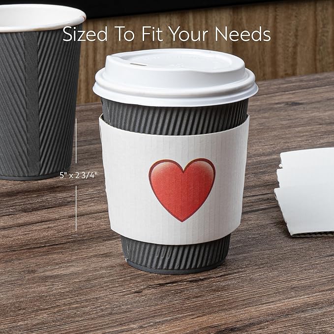Restaurantware SLEEVES ONLY: Restpresso 5.1 x 2.8 Inch Coffee Cup Sleeves, 50 Corrugated Hot Cup Sleeves - Heart Emoji, Heat-Tolerant, White Paper Disposable Coffee Sleeves, Secure Grip