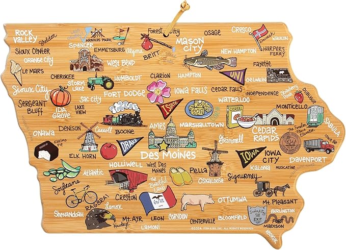 Totally Bamboo Iowa State Shaped Cutting Board and Charcuterie Serving Platter with Artwork by Fish Kiss, Includes Hang Tie for Wall Display