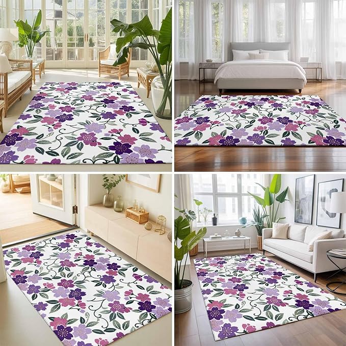 Area Rug 8x10ft, Country Purple Pink Flower Green Leaf Washable Rugs for Living Room Bedroom, Pastoral Floral Plant Soft Non-Slip Area Rugs Rectangle Floor Carpet for Dining Room